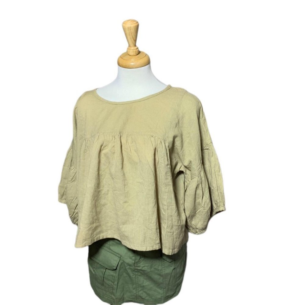 Women's Green Billowing Puff Sleeve Rounded Neckline Pullover Shirt